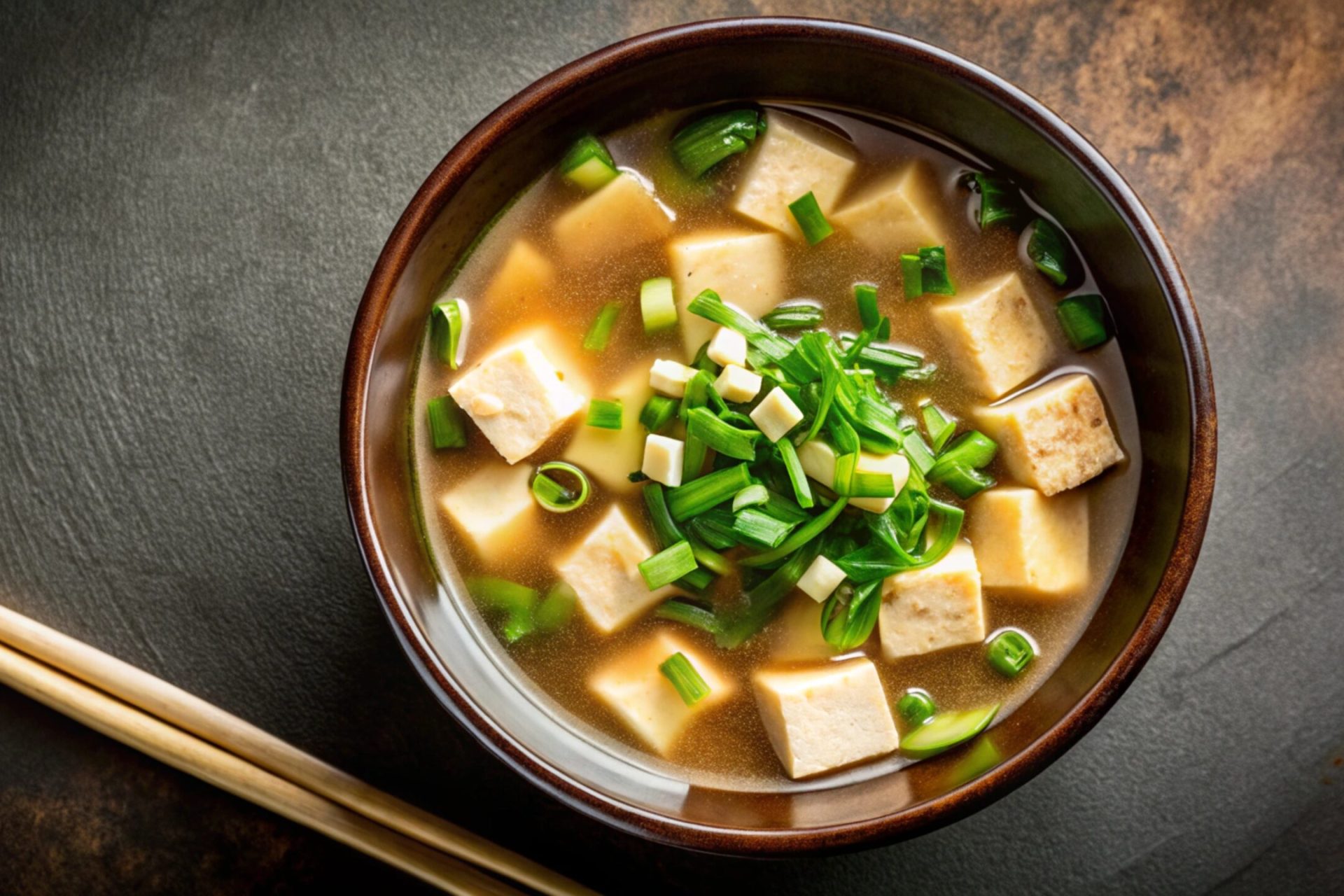 A bowl of miso soup with tofu and green onions, garnished with chopped green onions, served with chopsticks on a rustic background. A bowl of miso soup with tofu and green onions, garnished with chopped green onions, served with chopsticks on a rustic background.